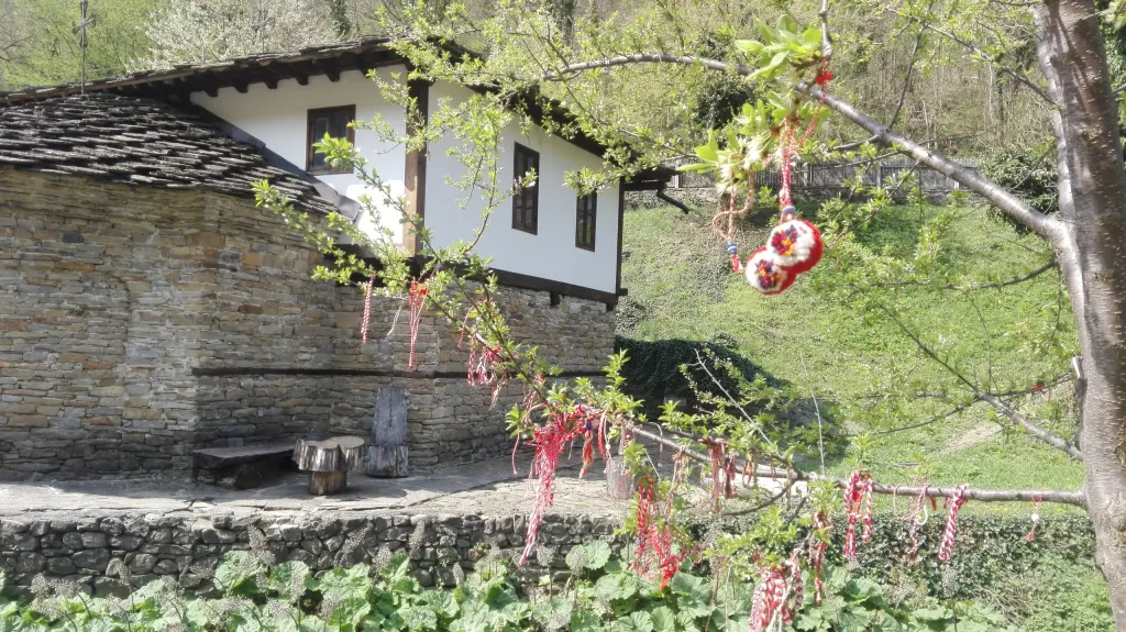 Red and white martenitsi tied to a blossoming tree beside old houses