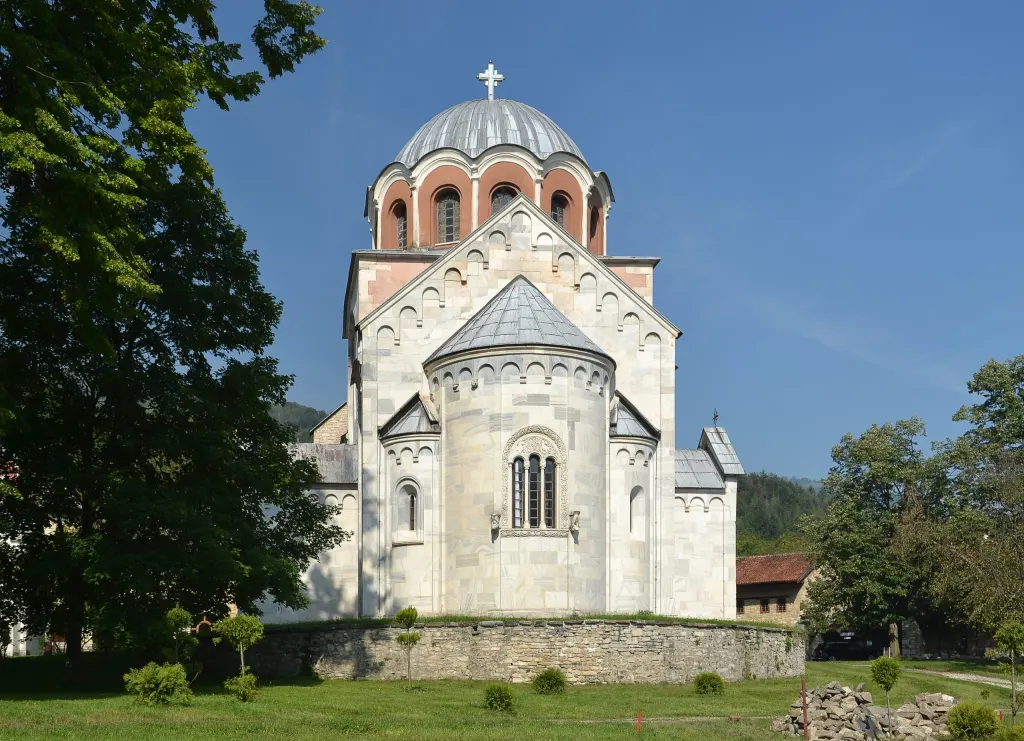 The white marble church of Studenica Monastery in Serbia